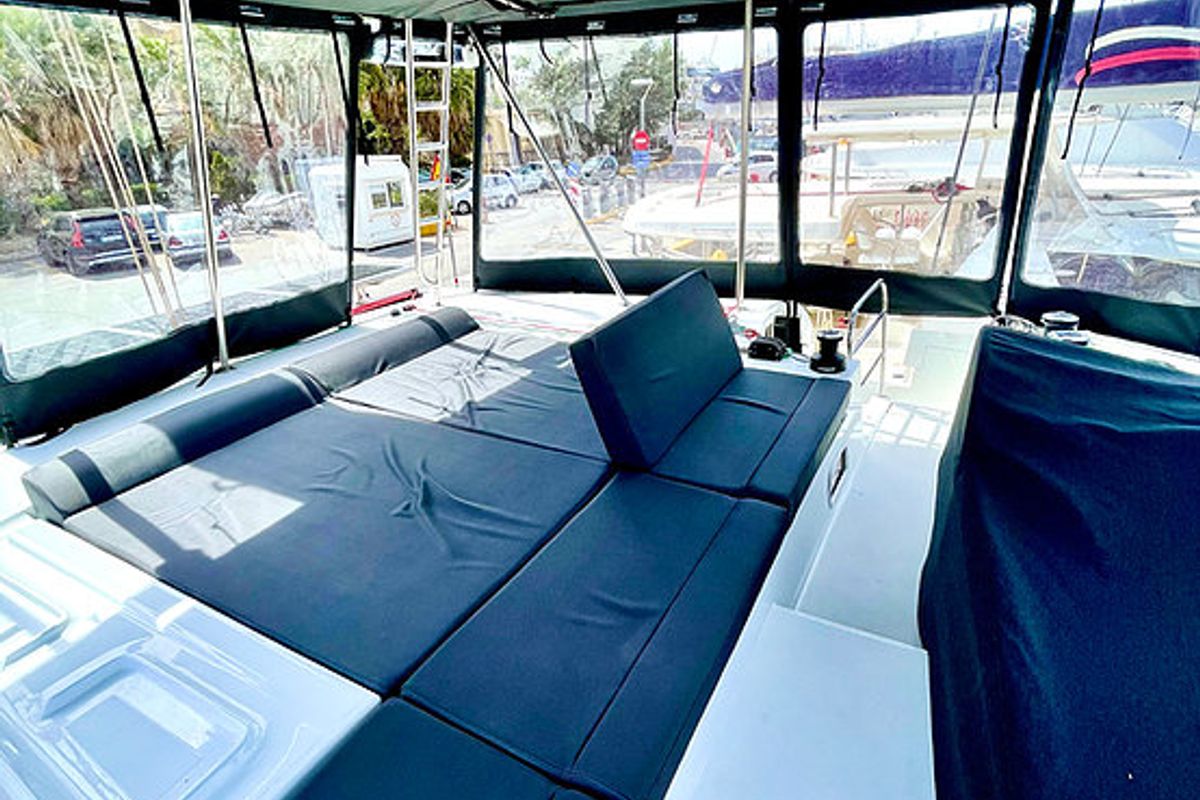 Deck of Keyma, a Lagoon 46 catamaran at Tourlos, Greece