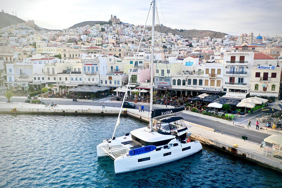 Exterior view of Keyma, a Lagoon 46 catamaran at Tourlos, Greece
