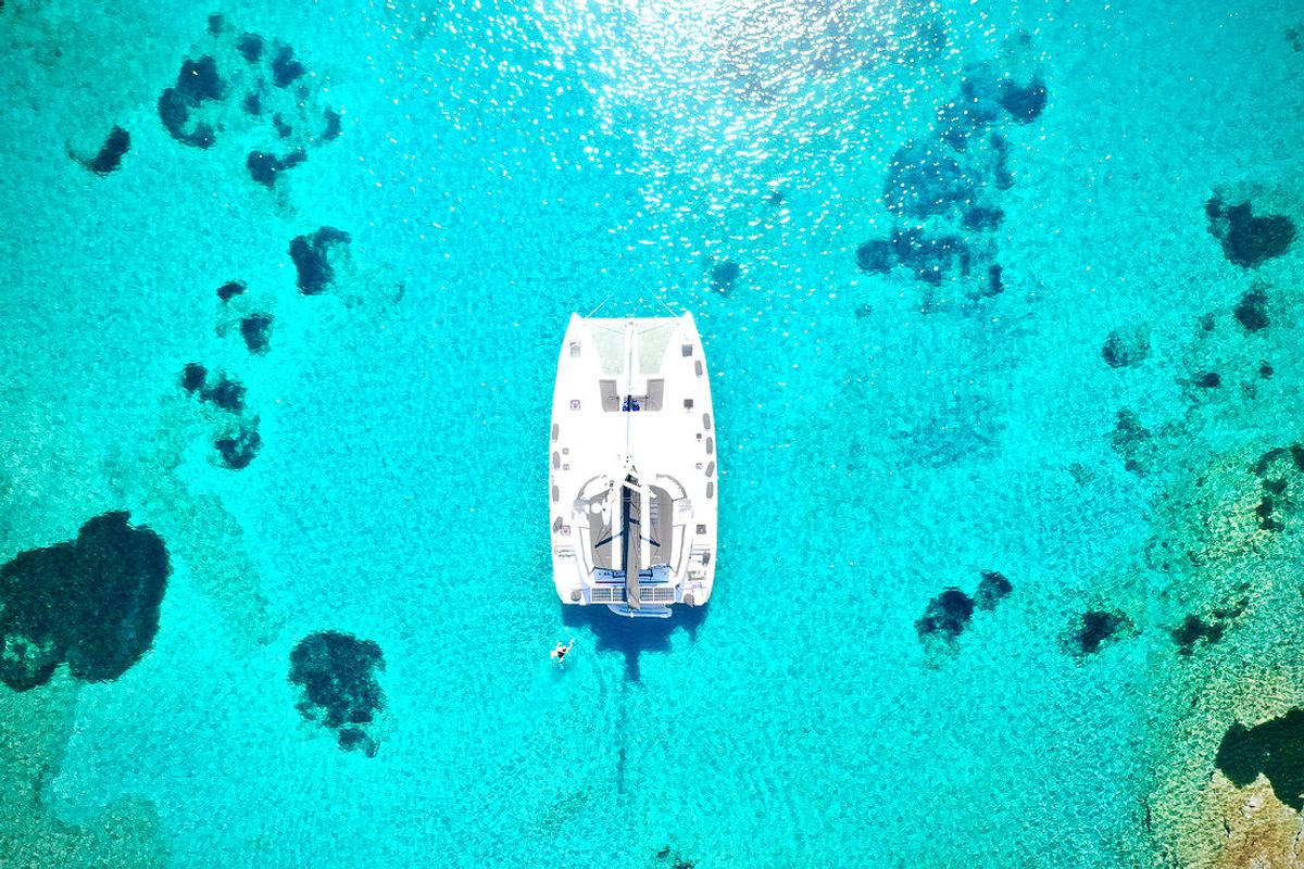Exterior view of Keyma, a Lagoon 46 catamaran at Tourlos, Greece