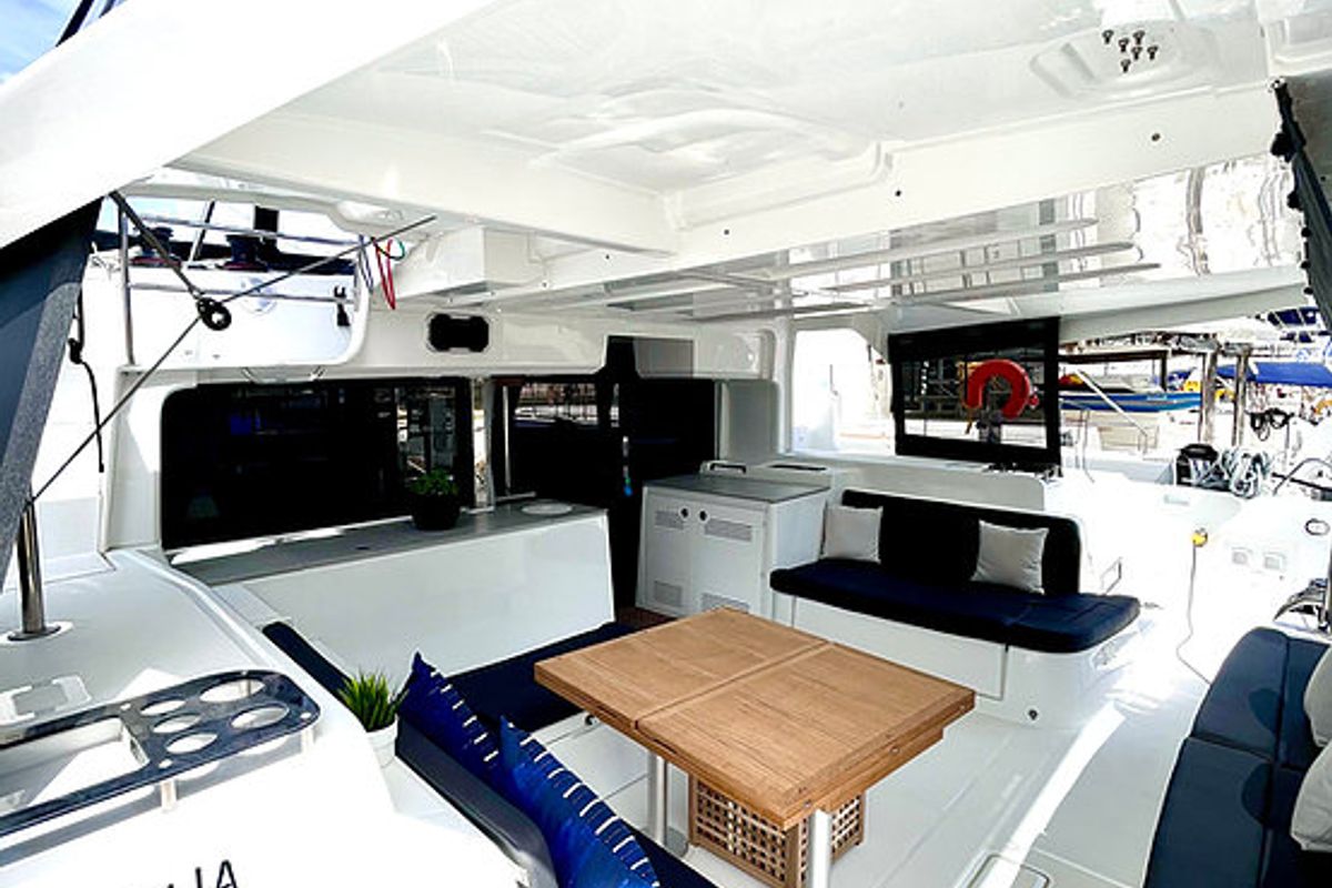Salon of Keyma, a Lagoon 46 catamaran at Tourlos, Greece