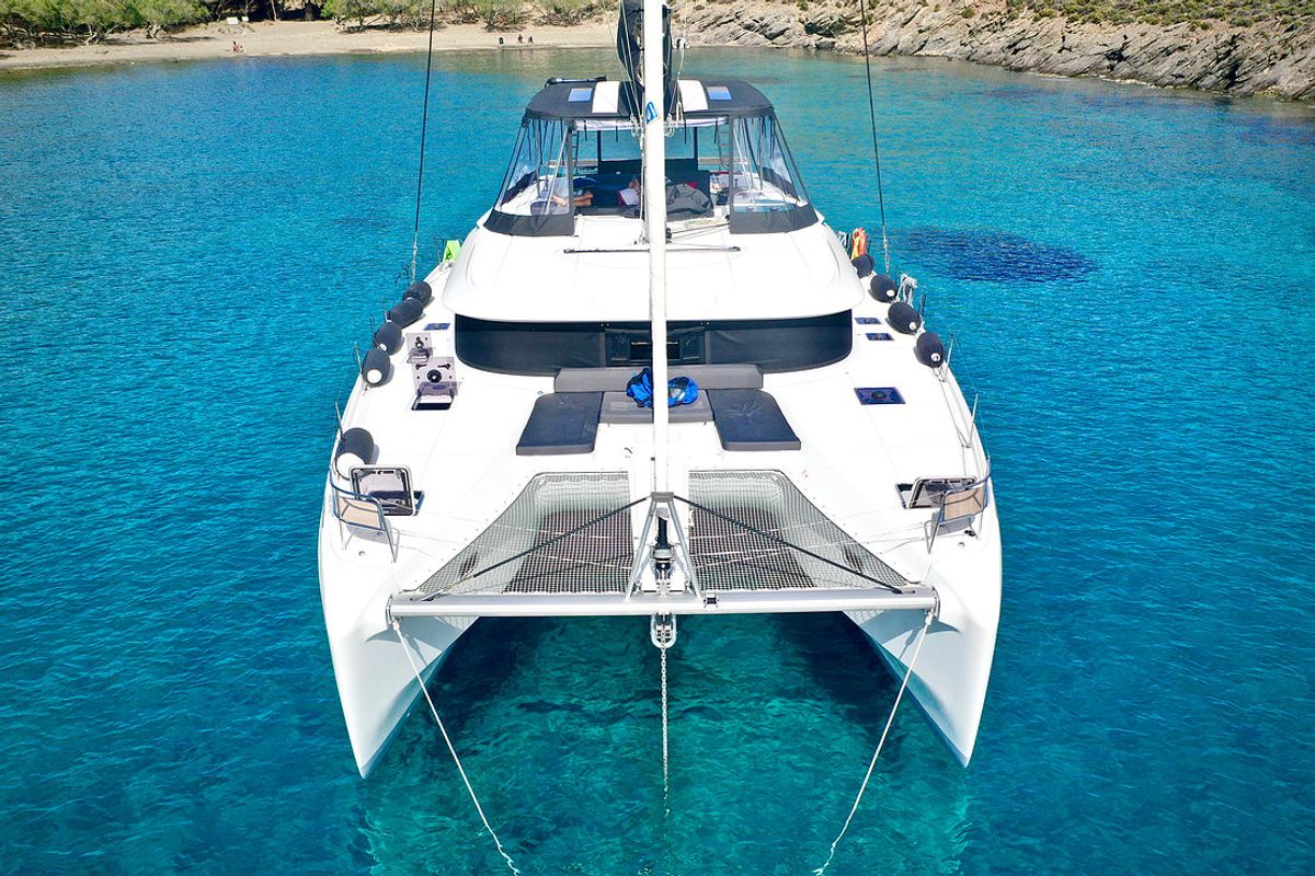 Exterior view of Keyma, a Lagoon 46 catamaran at Tourlos, Greece