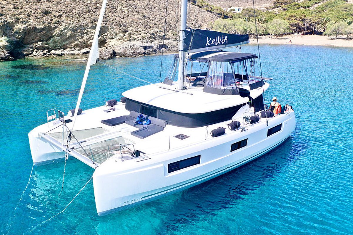 Exterior view of Keyma, a Lagoon 46 catamaran at Tourlos, Greece