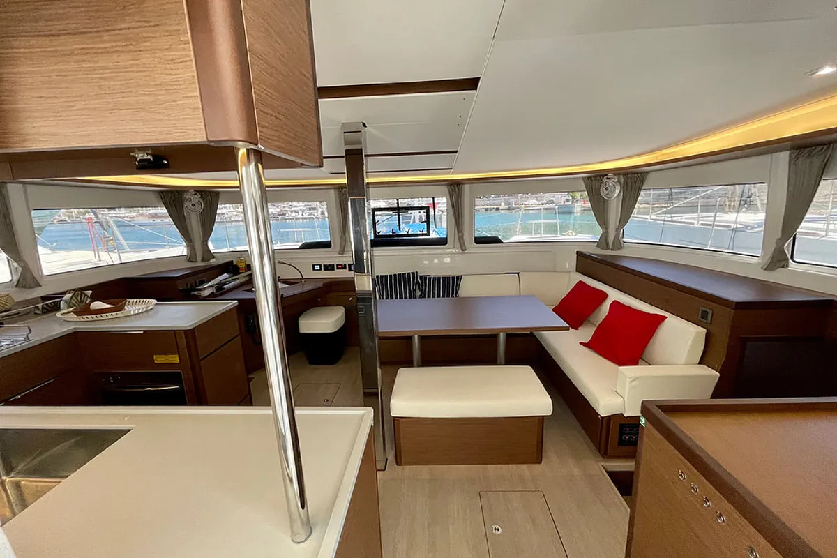 Salon of Keyma, a Lagoon 46 catamaran at Tourlos, Greece