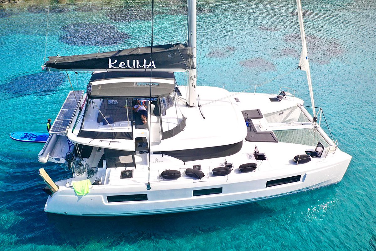 Exterior view of Keyma, a Lagoon 46 catamaran at Tourlos, Greece