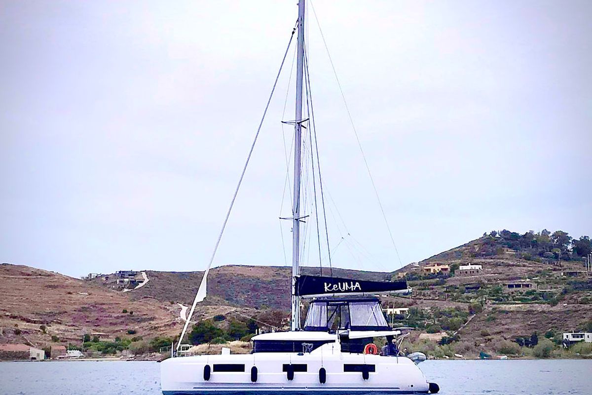Exterior view of Keyma, a Lagoon 46 catamaran at Tourlos, Greece