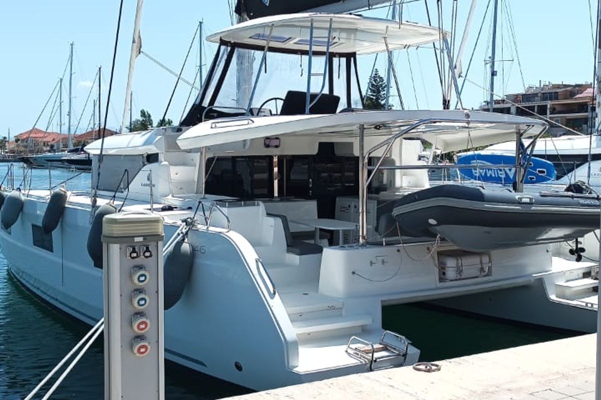 Exterior view of Selene, a Lagoon 46 catamaran at Municipal Unit of Anaktorio, Greece