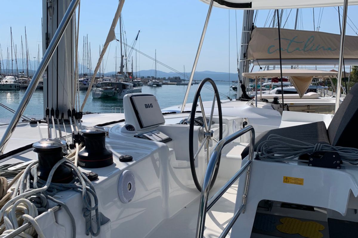 Cockpit of Selene, a Lagoon 46 catamaran at Municipal Unit of Anaktorio, Greece