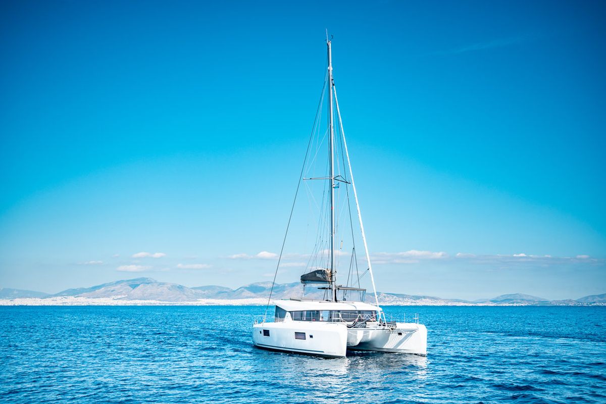 Exterior view of Beauty L, a Lagoon 42 catamaran at Athens, Greece