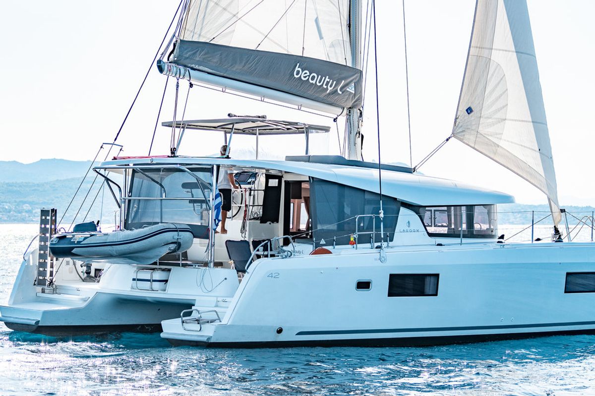 Exterior view of Beauty L, a Lagoon 42 catamaran at Athens, Greece