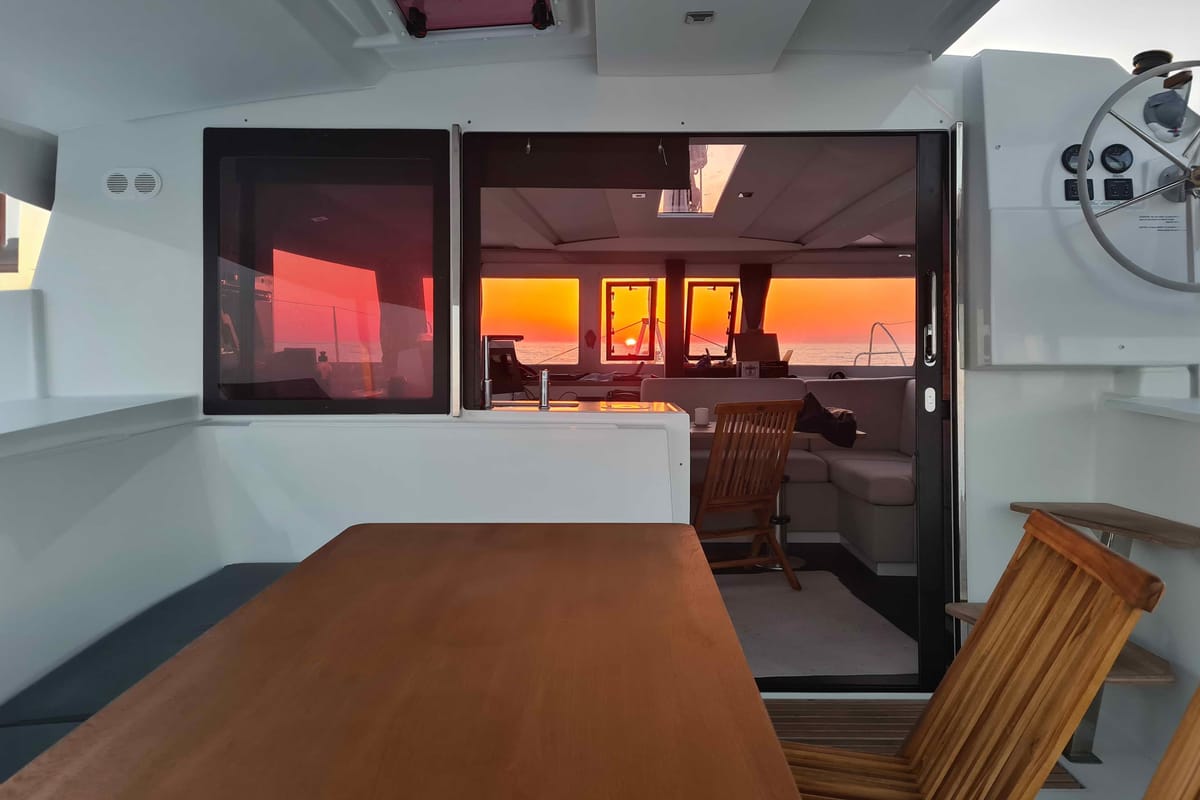 Salon of Lucia 69, a Fountaine Pajot Lucia 40 catamaran at Municipal Unit of Lefkada, Greece