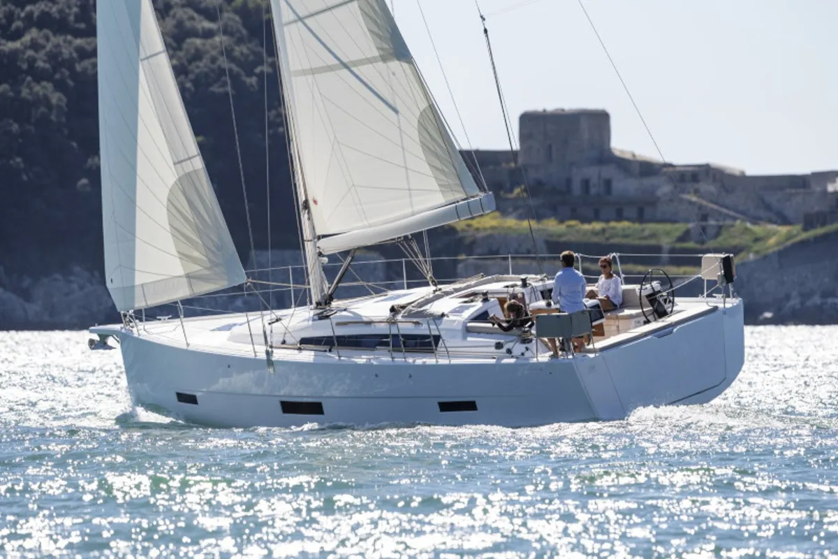 Exterior view of Akira, a Dufour 430 GL sailboat at Tonnarella, Italy