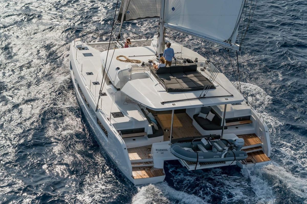 Exterior view of Nauti Cat, a Lagoon 50 catamaran at Kotor, Montenegro