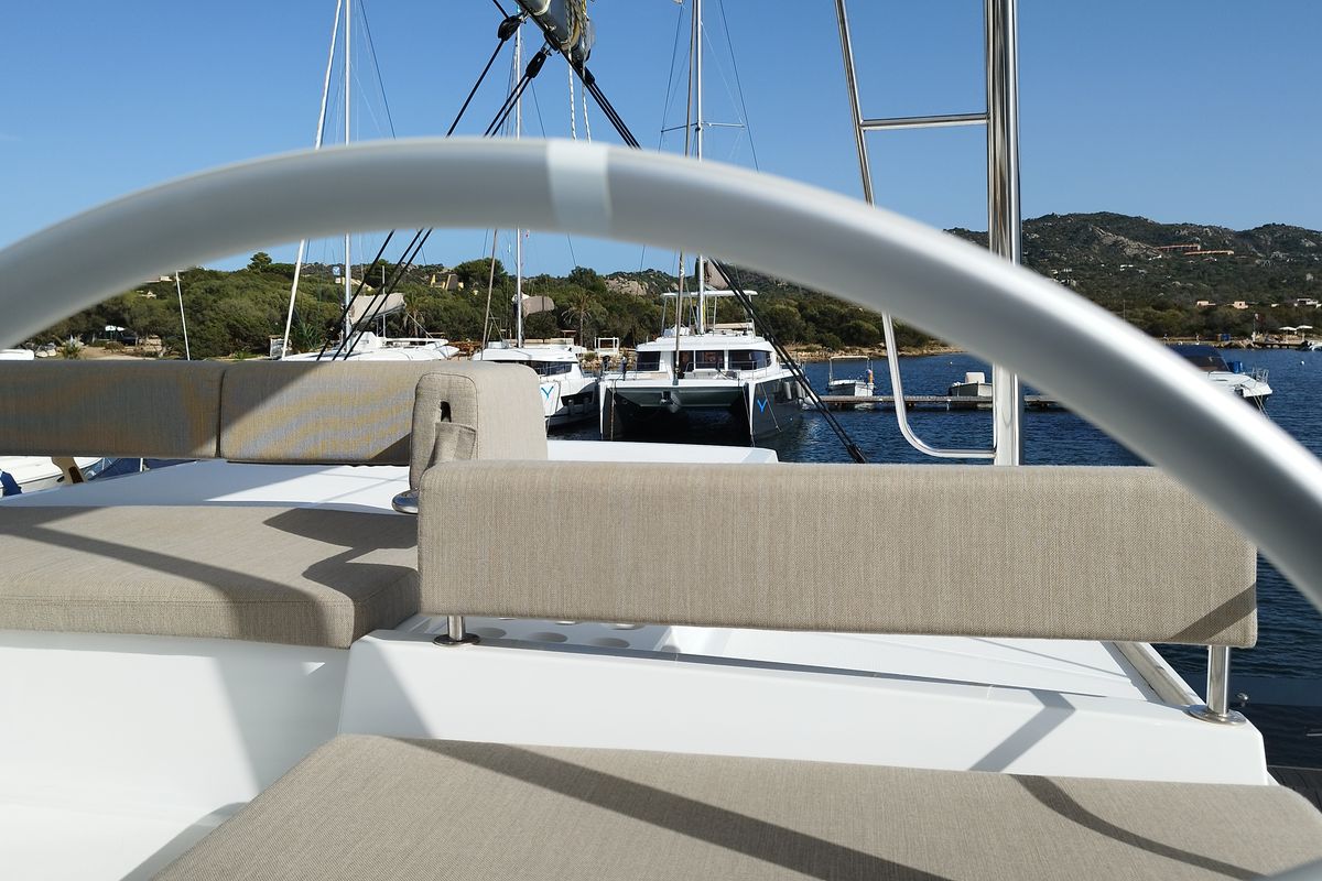 Cockpit of Grampus, a Bali 4.6 catamaran at Olbia, Italy