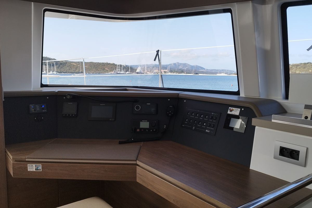 Cockpit of Grampus, a Bali 4.6 catamaran at Olbia, Italy
