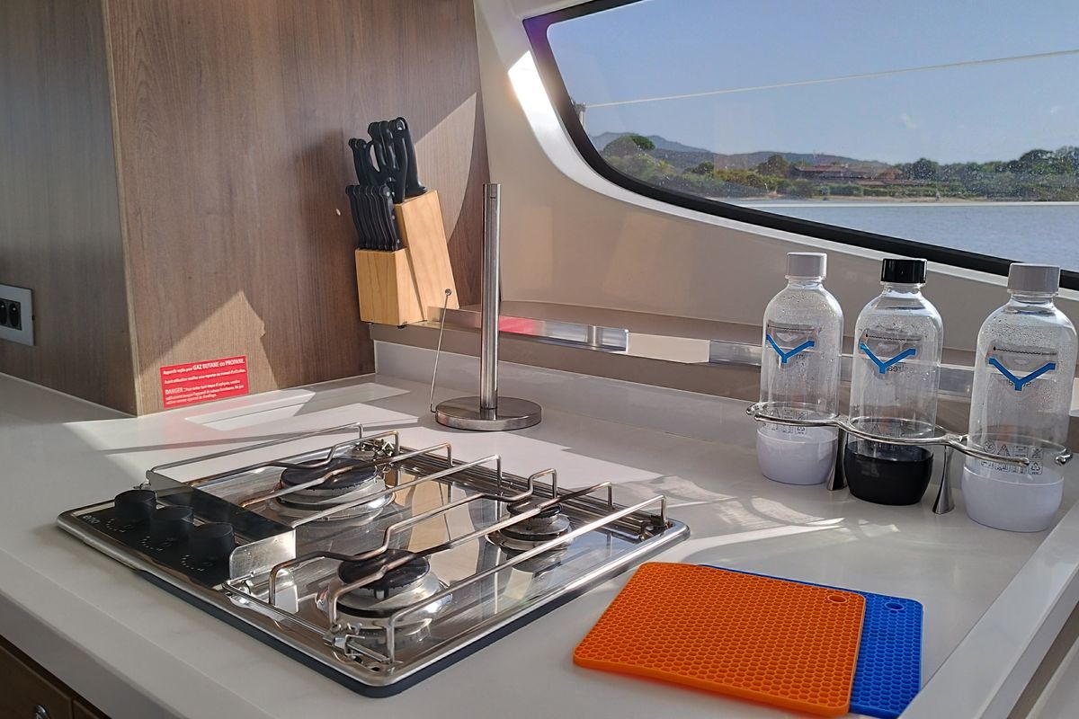 Galley of Grampus, a Bali 4.6 catamaran at Olbia, Italy