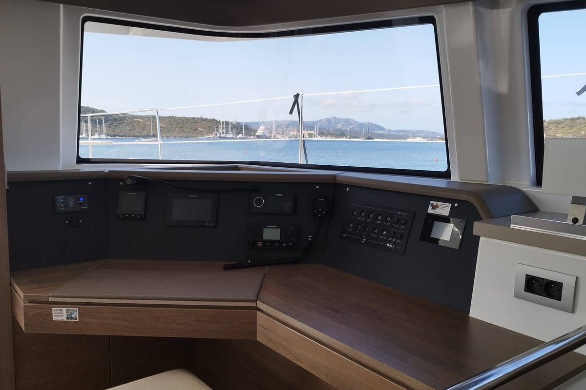 Salon of Grampus, a Bali 4.6 catamaran at Olbia, Italy