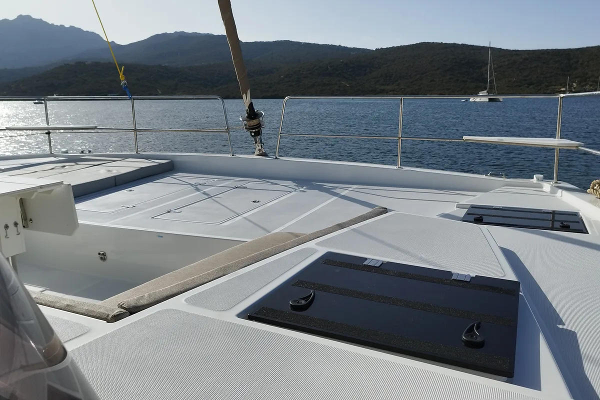 Exterior view of Grampus, a Bali 4.6 catamaran at Olbia, Italy