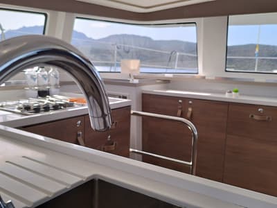 Galley of Grampus, a Bali 4.6 catamaran at Olbia, Italy