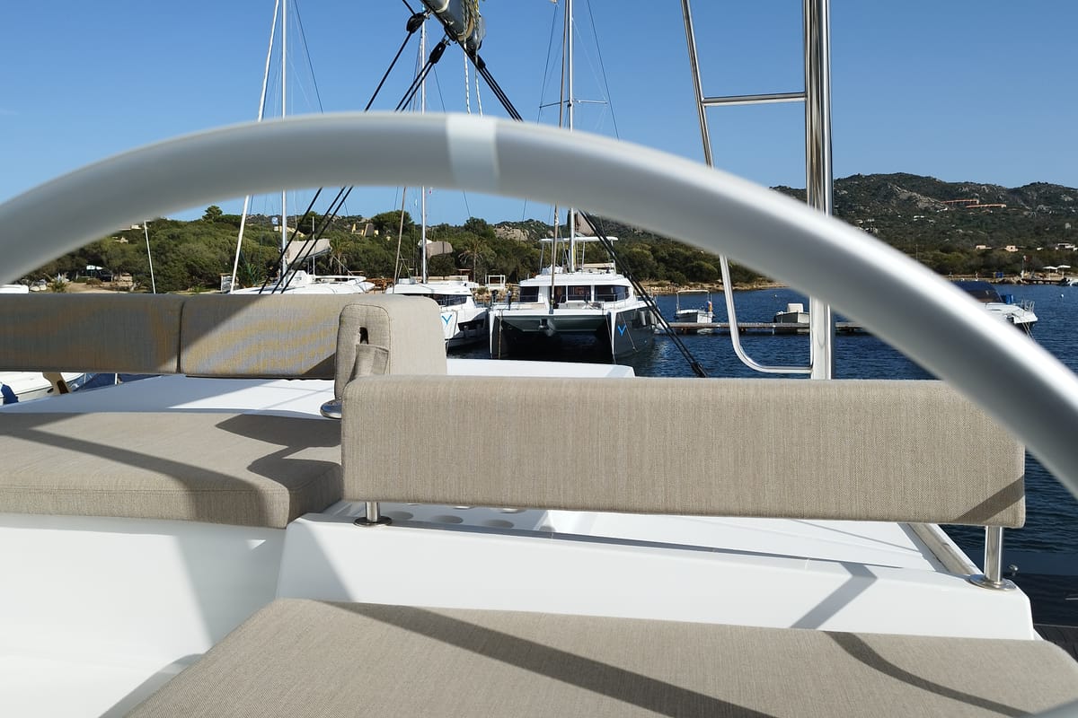 Cockpit of Grampus, a Bali 4.6 catamaran at Olbia, Italy
