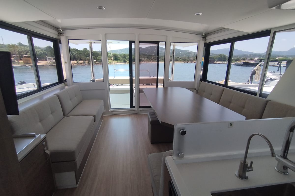 Salon of Grampus, a Bali 4.6 catamaran at Olbia, Italy