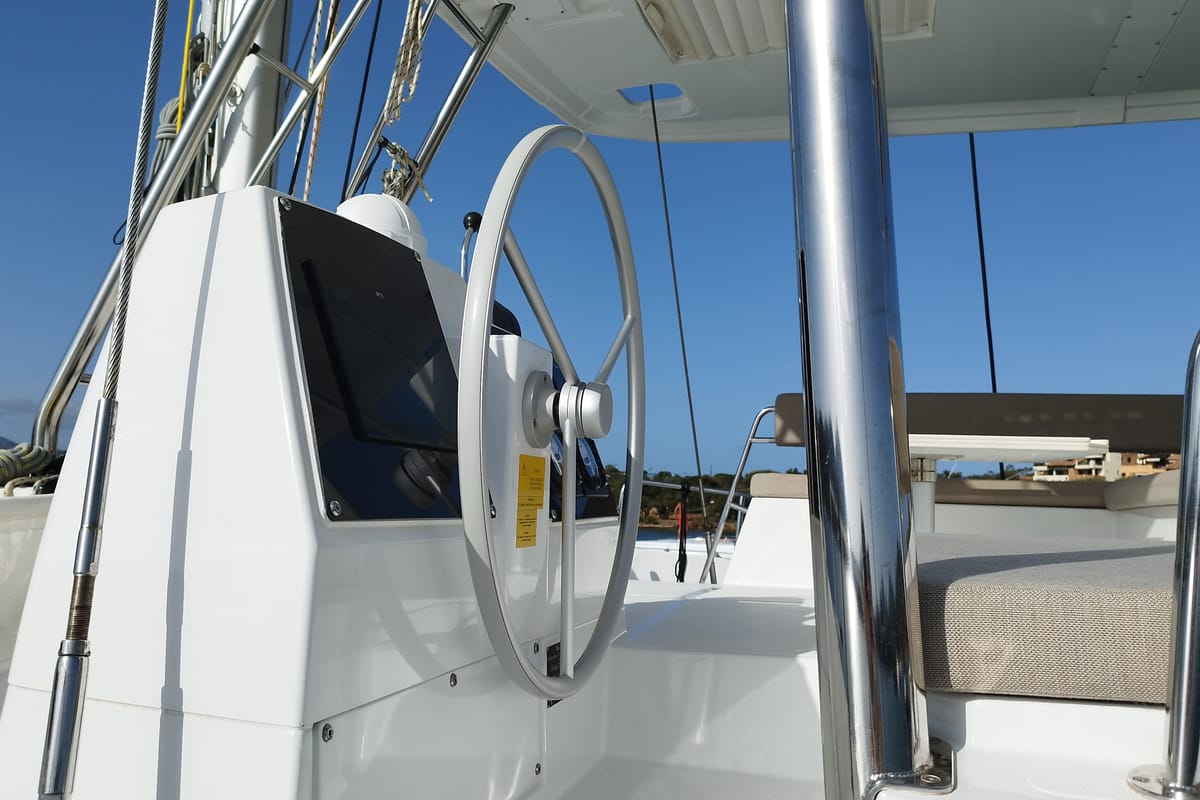 Deck of Grampus, a Bali 4.6 catamaran at Olbia, Italy