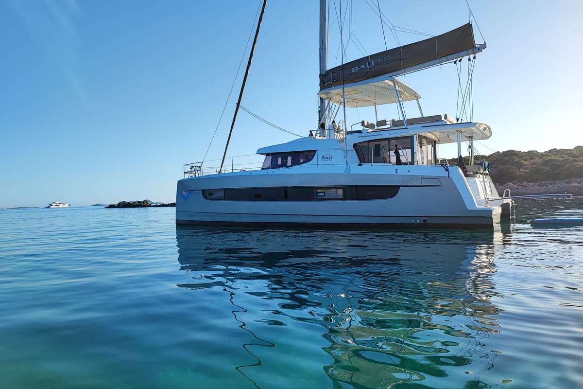 Cabin on Grampus, a Bali 4.6 catamaran at Olbia, Italy