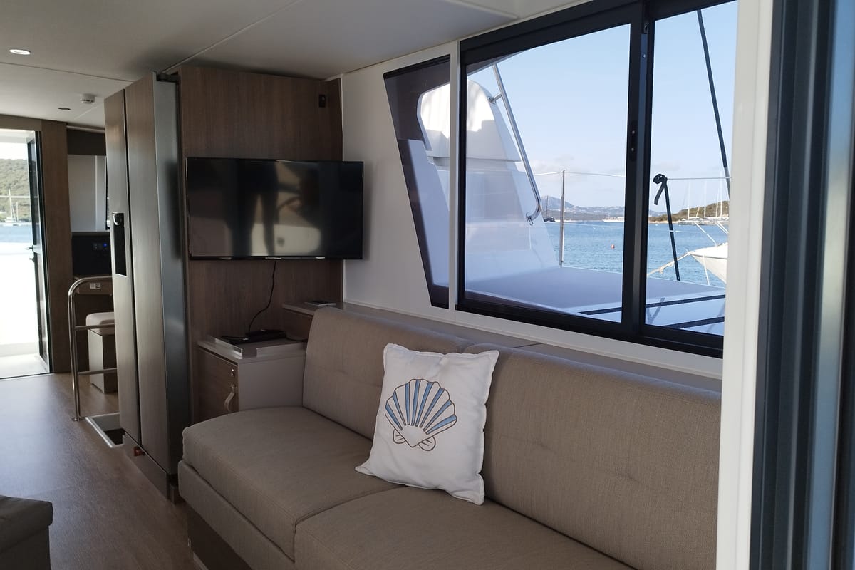 Cabin on Grampus, a Bali 4.6 catamaran at Olbia, Italy