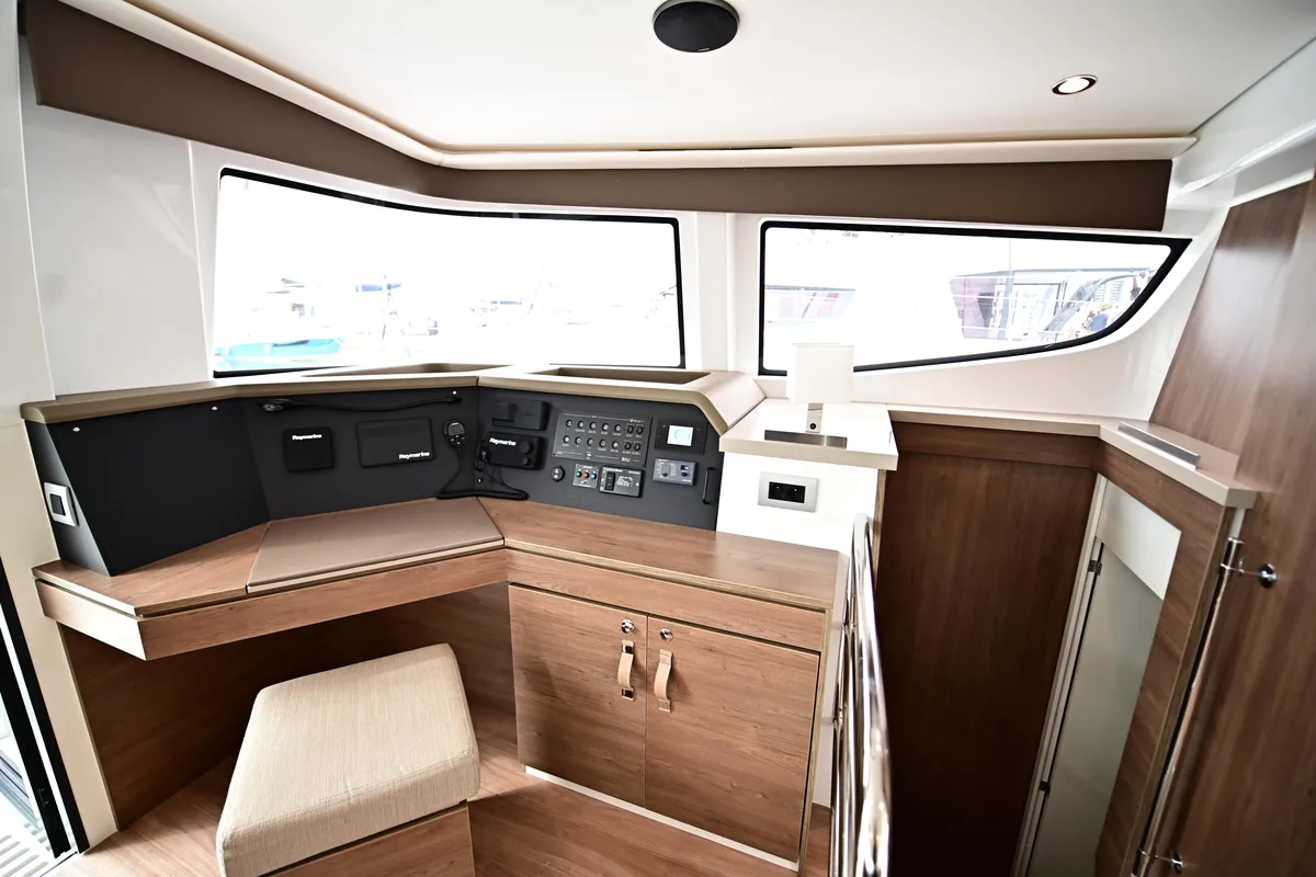 Cockpit of Cio, a Bali 4.4 catamaran at Olbia, Italy