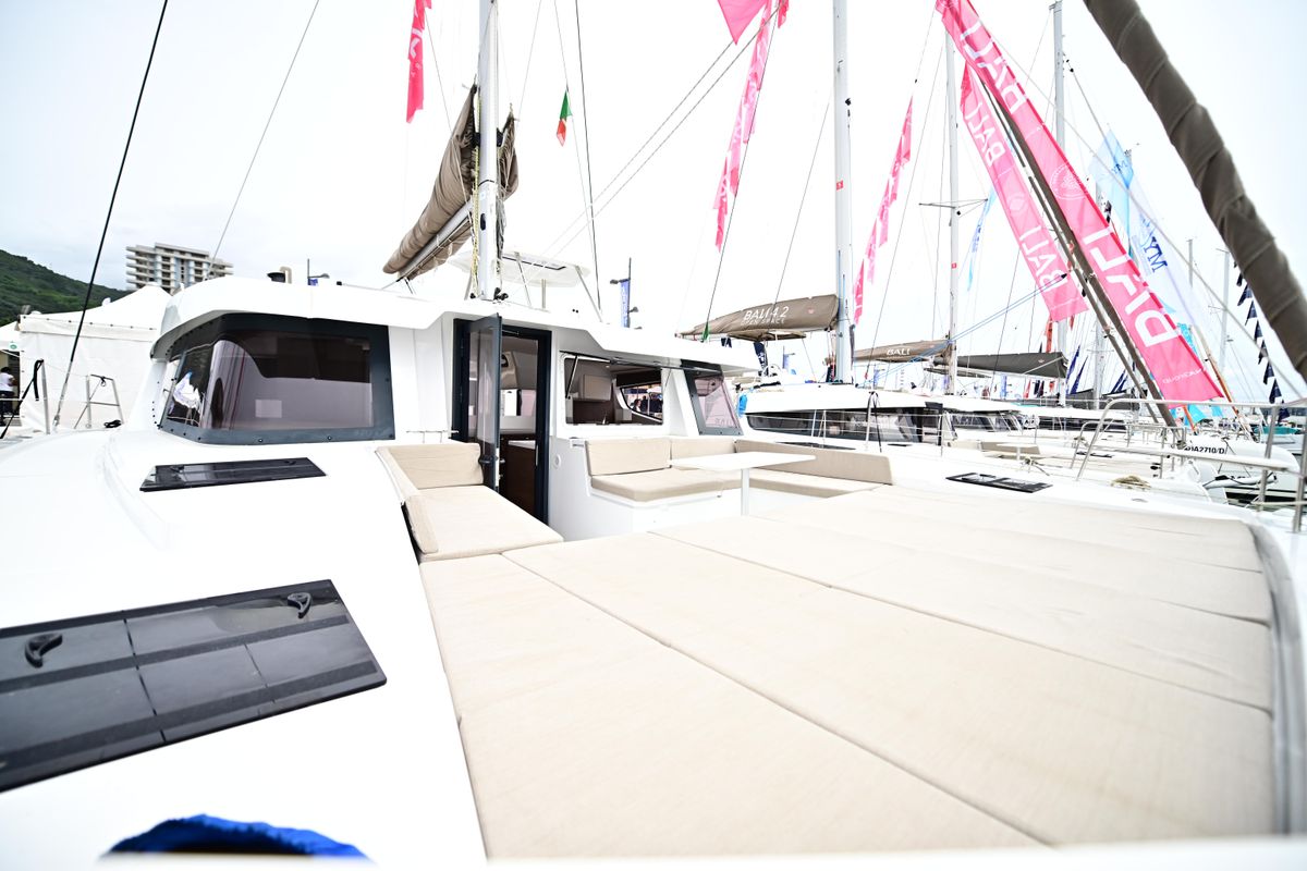 Deck of Cio, a Bali 4.4 catamaran at Olbia, Italy