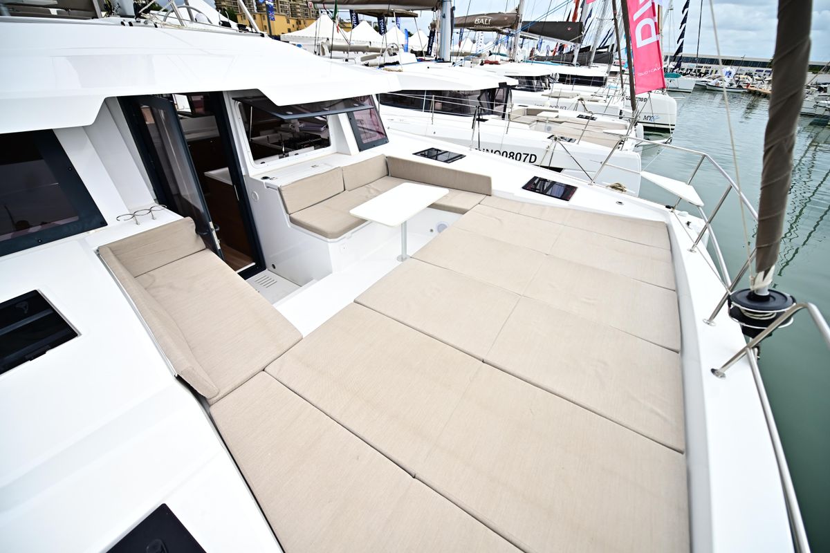 Deck of Cio, a Bali 4.4 catamaran at Olbia, Italy