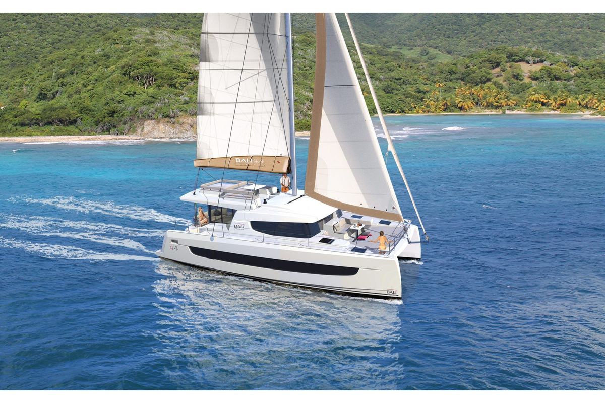 Exterior view of Cio, a Bali 4.4 catamaran at Olbia, Italy