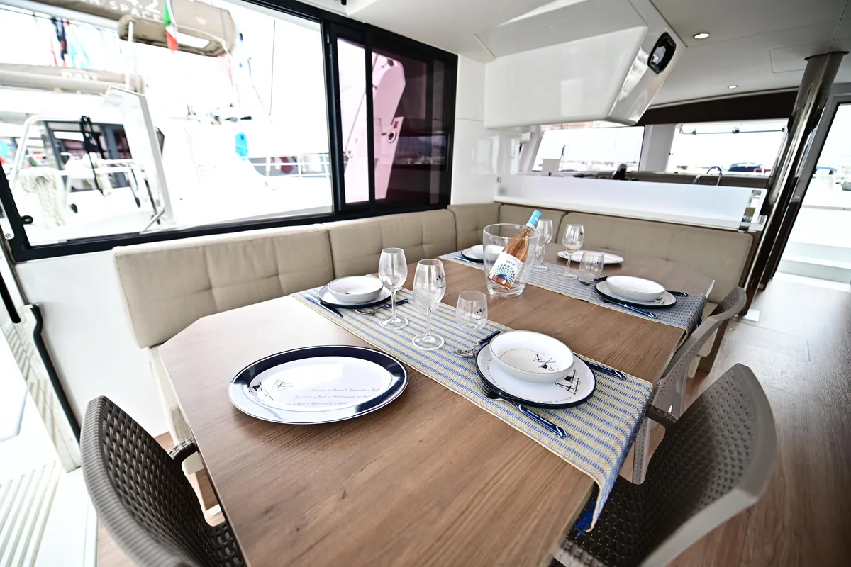 Salon of Cio, a Bali 4.4 catamaran at Olbia, Italy