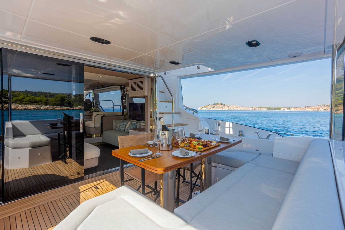 Deck of Genesis, a Azimut 60 motorboat at Primošten, Croatia