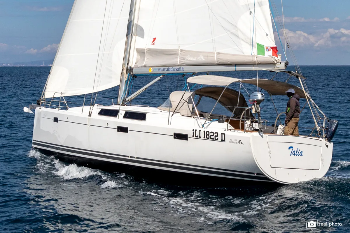 Exterior view of Talia, a Hanse Yachts Hanse 415 sailboat at Puntone di Scarlino, Italy