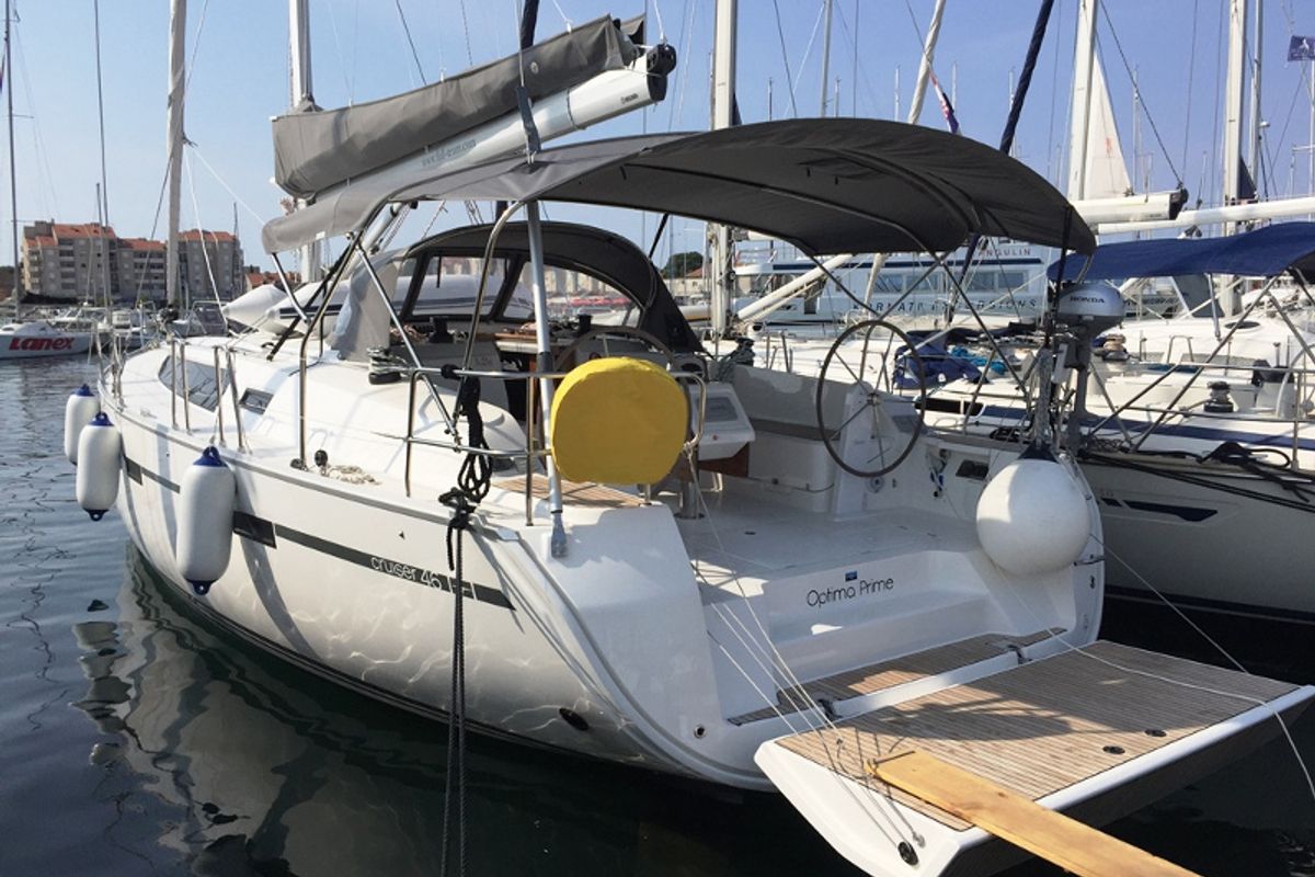 Exterior view of Optima Prime, a Bavaria Cruiser 46 sailboat at Grad Kaštela, Croatia