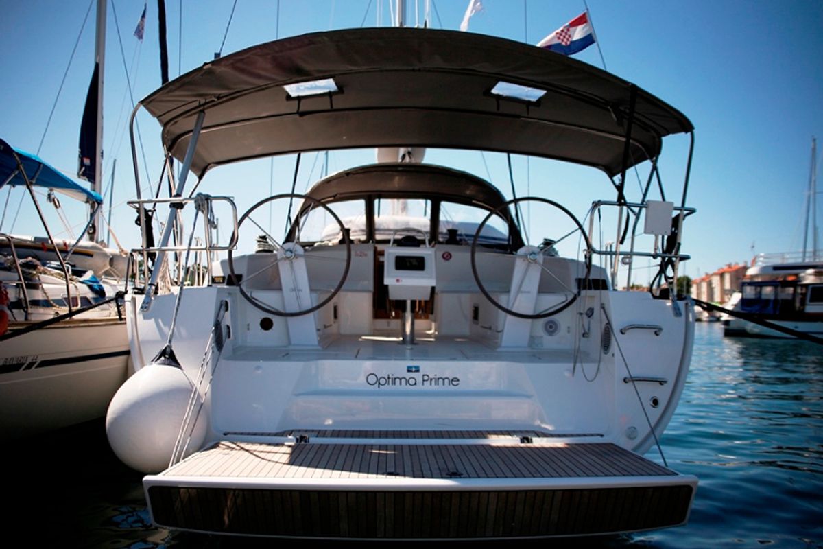 Exterior view of Optima Prime, a Bavaria Cruiser 46 sailboat at Grad Kaštela, Croatia
