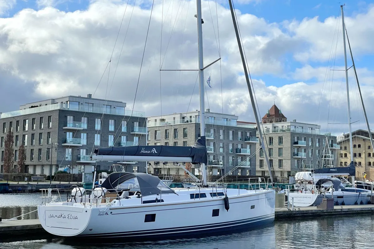 Exterior view of Namaka Elua, a Hanse Yachts Hanse 458 sailboat at Palma de Mallorca, Spain