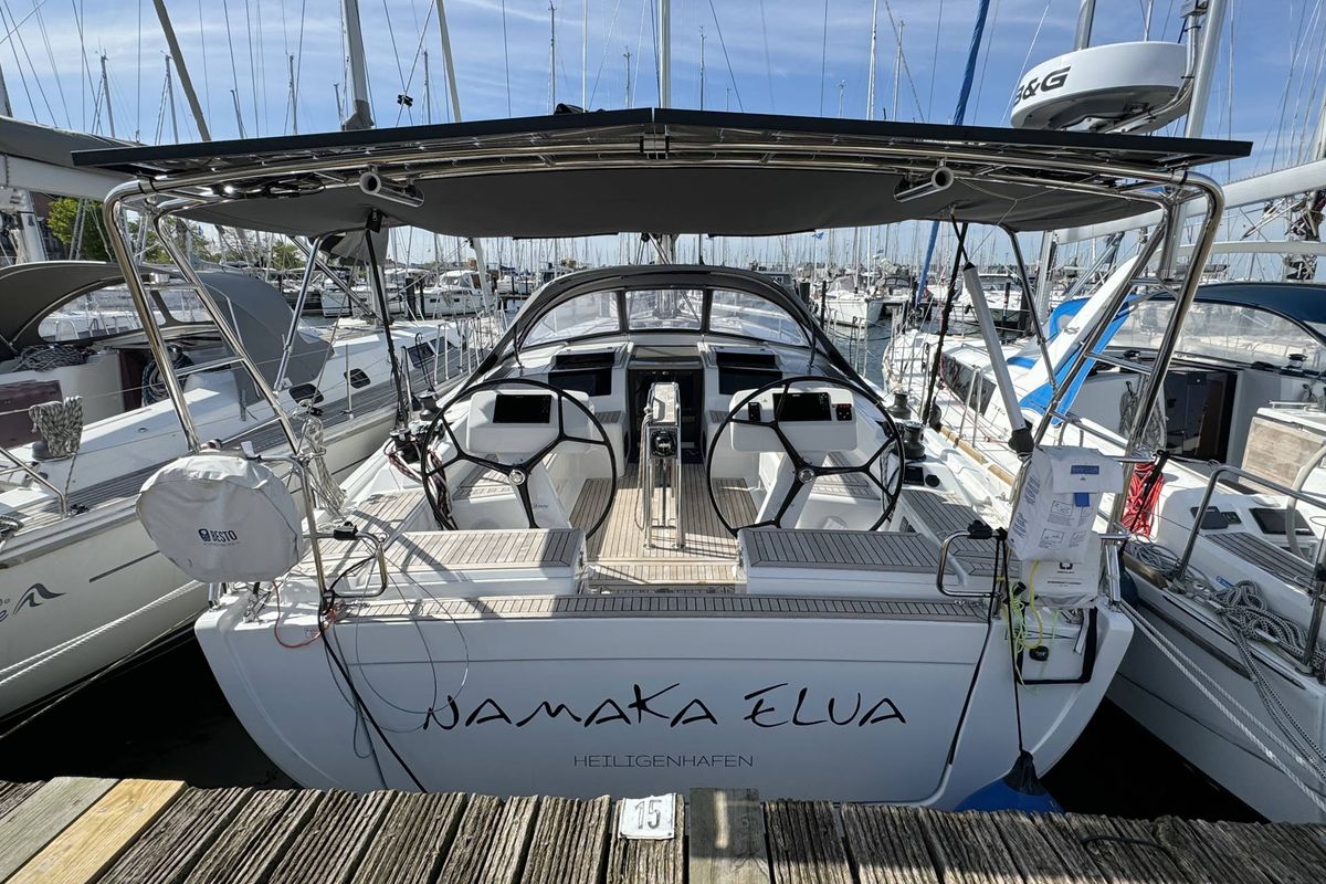 Cockpit of Namaka Elua, a Hanse Yachts Hanse 458 sailboat at Palma de Mallorca, Spain