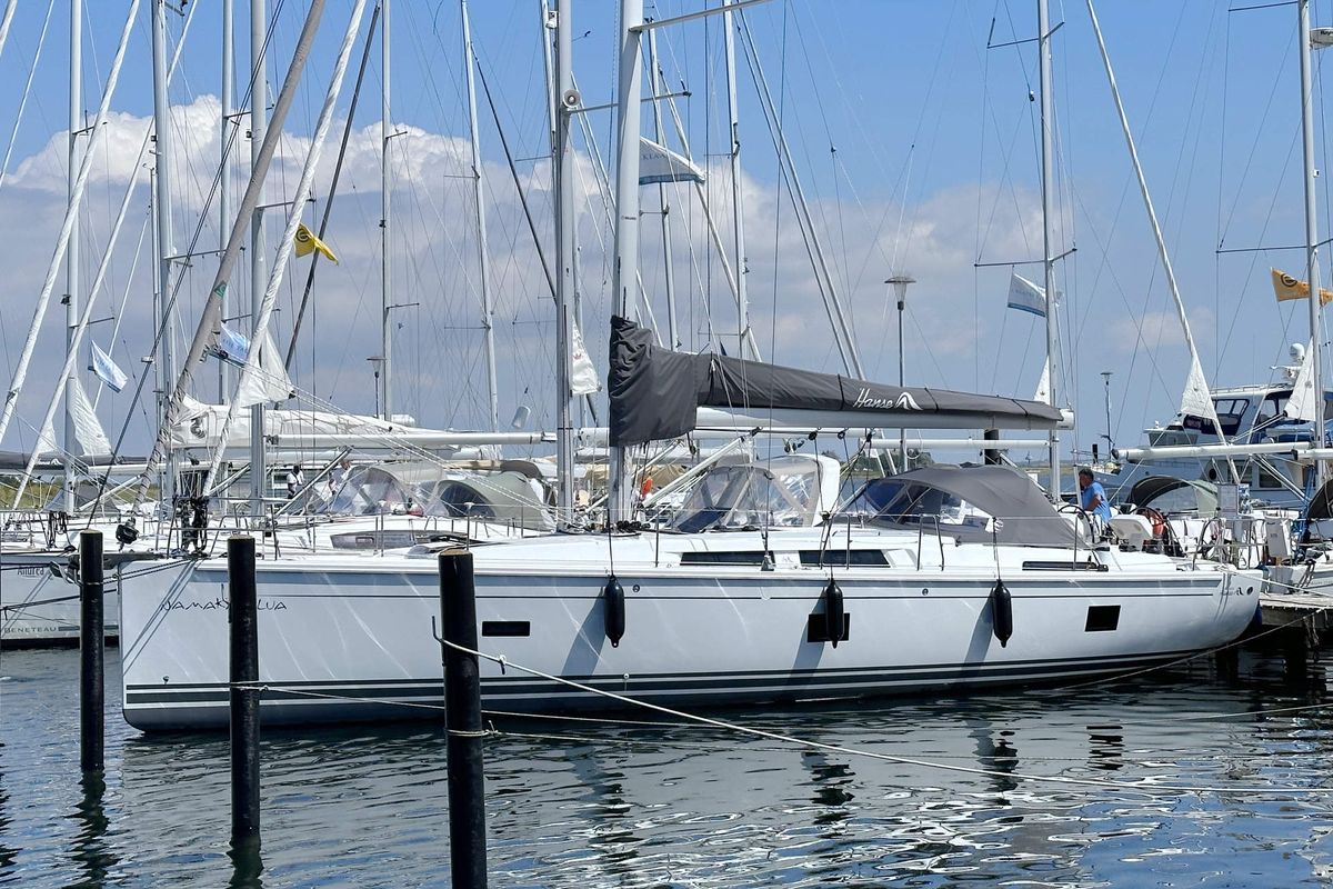 Exterior view of Namaka Elua, a Hanse Yachts Hanse 458 sailboat at Palma de Mallorca, Spain
