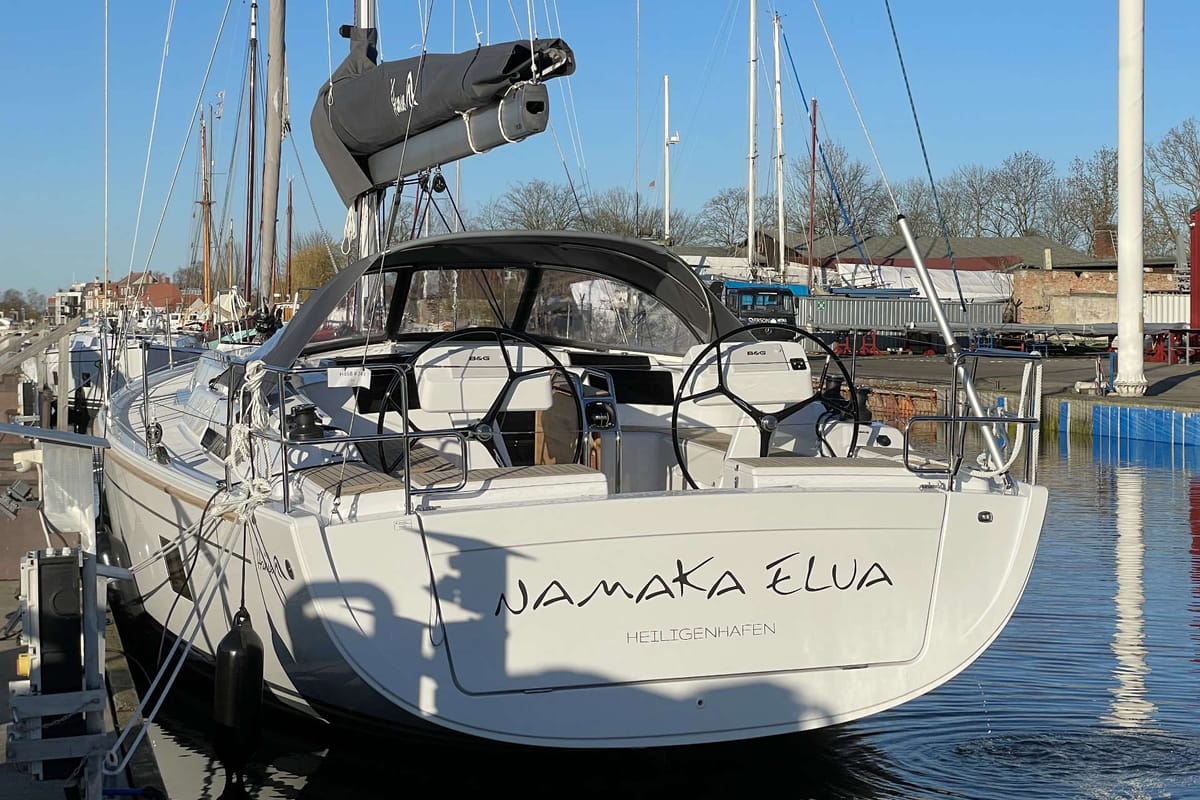 Cockpit of Namaka Elua, a Hanse Yachts Hanse 458 sailboat at Palma de Mallorca, Spain