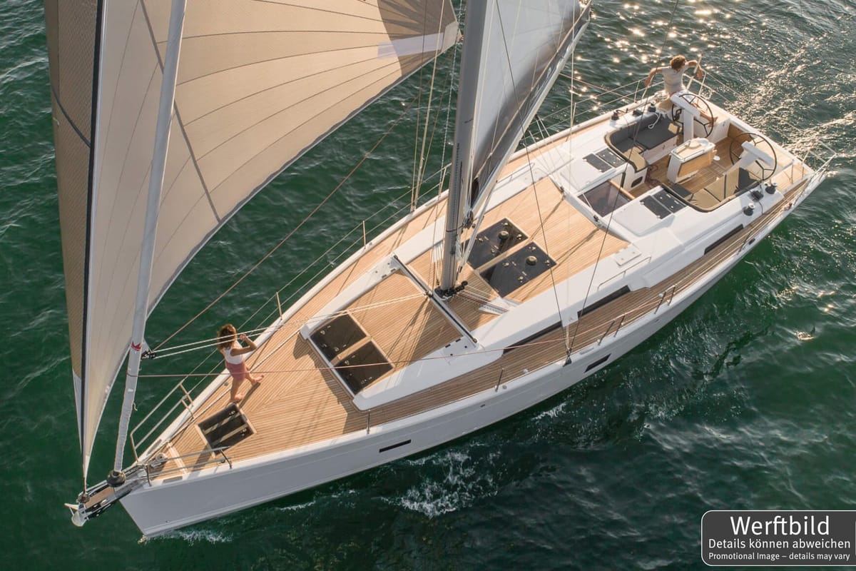 Exterior view of Namaka Elua, a Hanse Yachts Hanse 458 sailboat at Palma de Mallorca, Spain