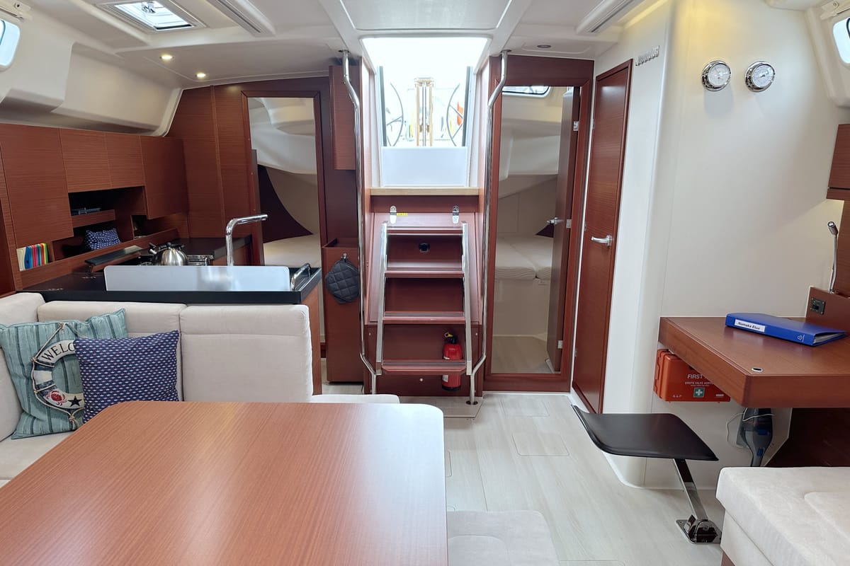 Salon of Namaka Elua, a Hanse Yachts Hanse 458 sailboat at Palma de Mallorca, Spain