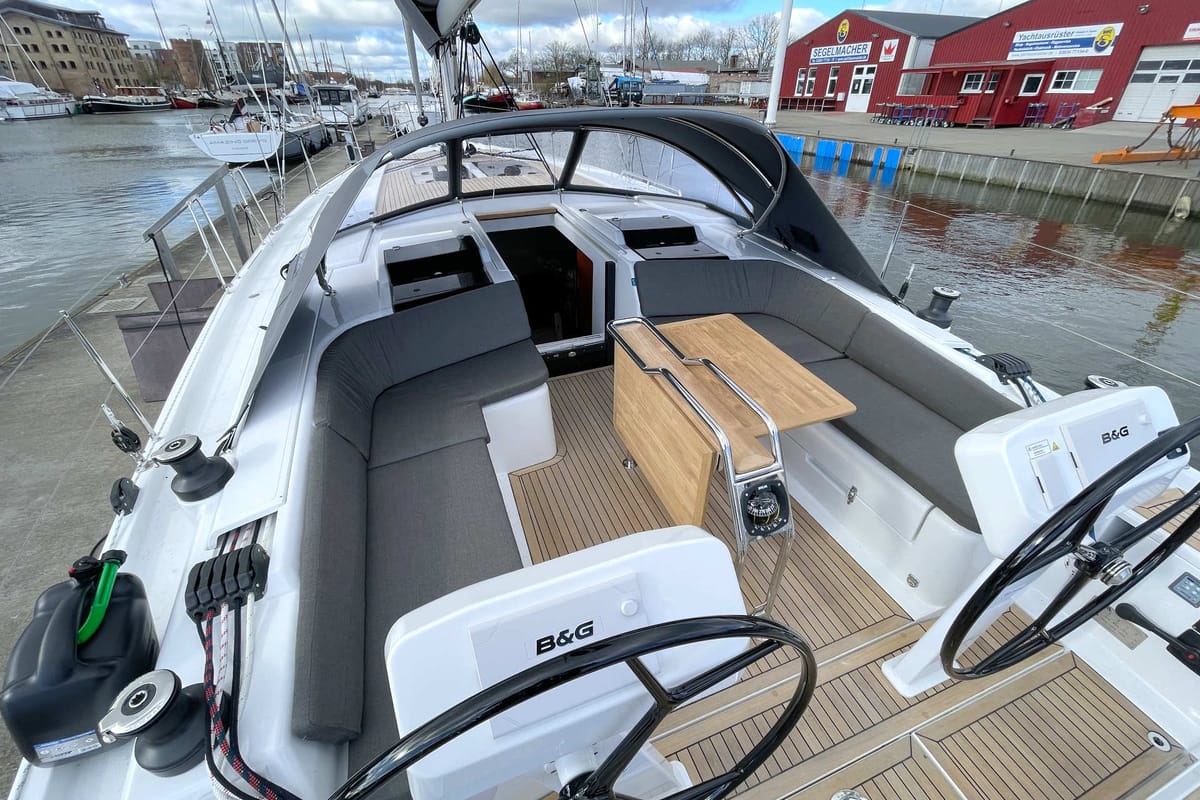Cockpit of Namaka Elua, a Hanse Yachts Hanse 458 sailboat at Palma de Mallorca, Spain