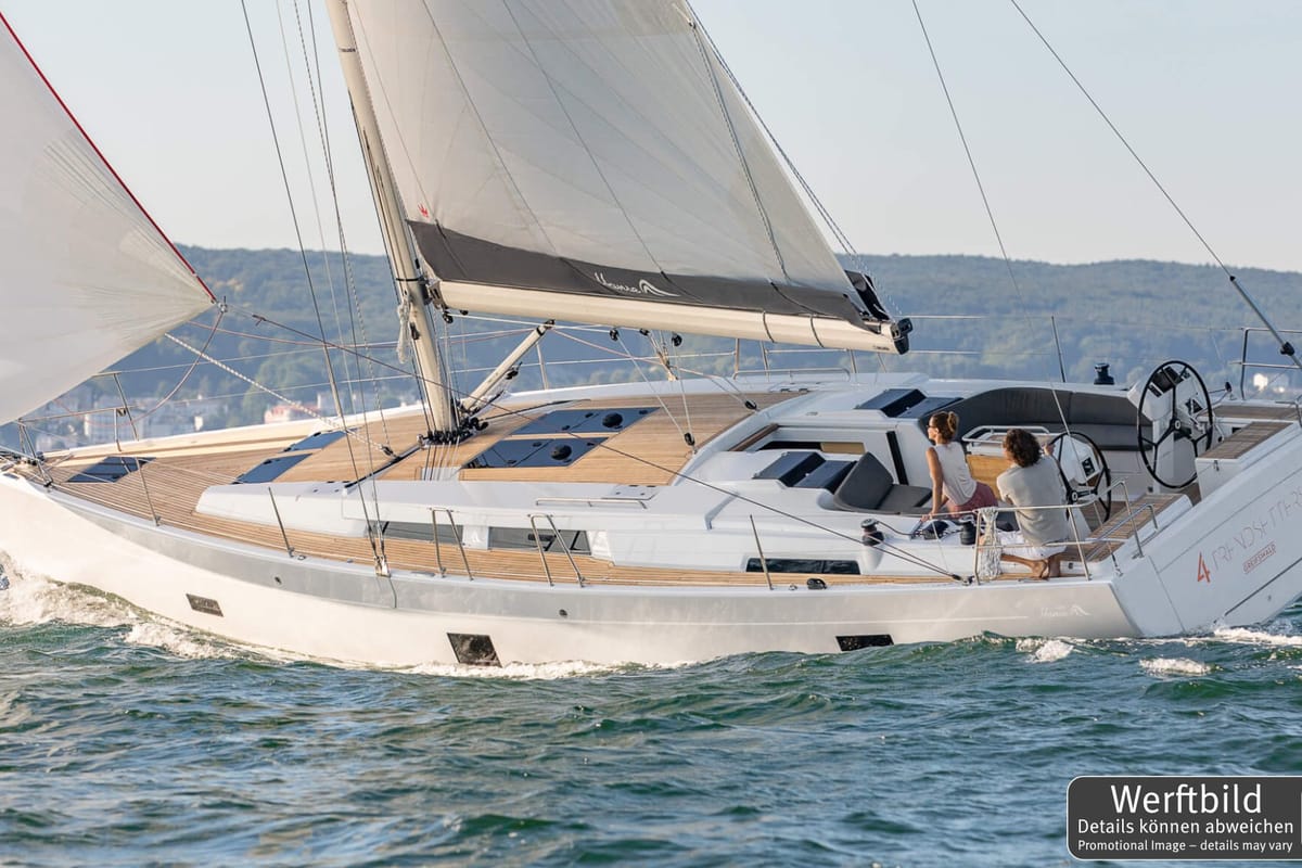 Exterior view of Namaka Elua, a Hanse Yachts Hanse 458 sailboat at Palma de Mallorca, Spain