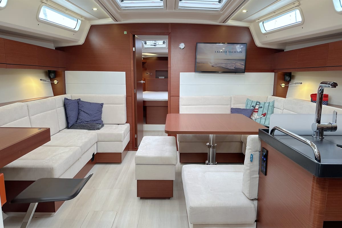 Salon of Namaka Elua, a Hanse Yachts Hanse 458 sailboat at Palma de Mallorca, Spain