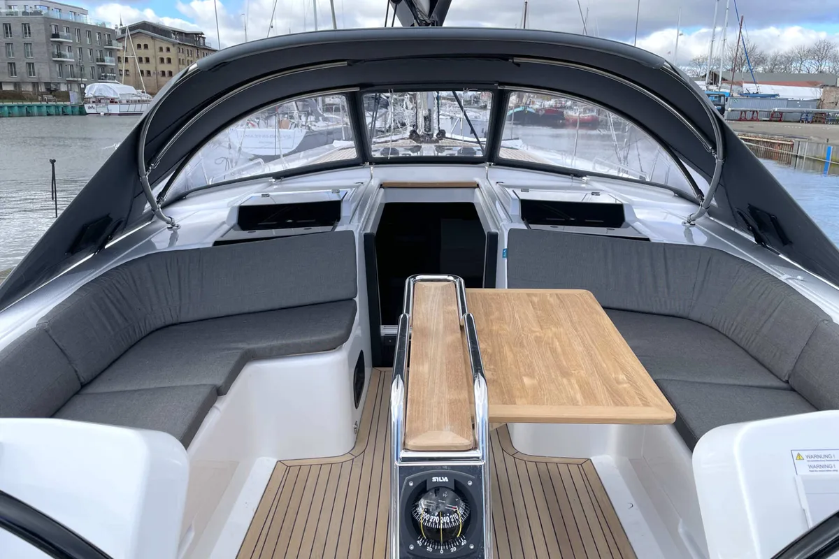Deck of Namaka Elua, a Hanse Yachts Hanse 458 sailboat at Palma de Mallorca, Spain