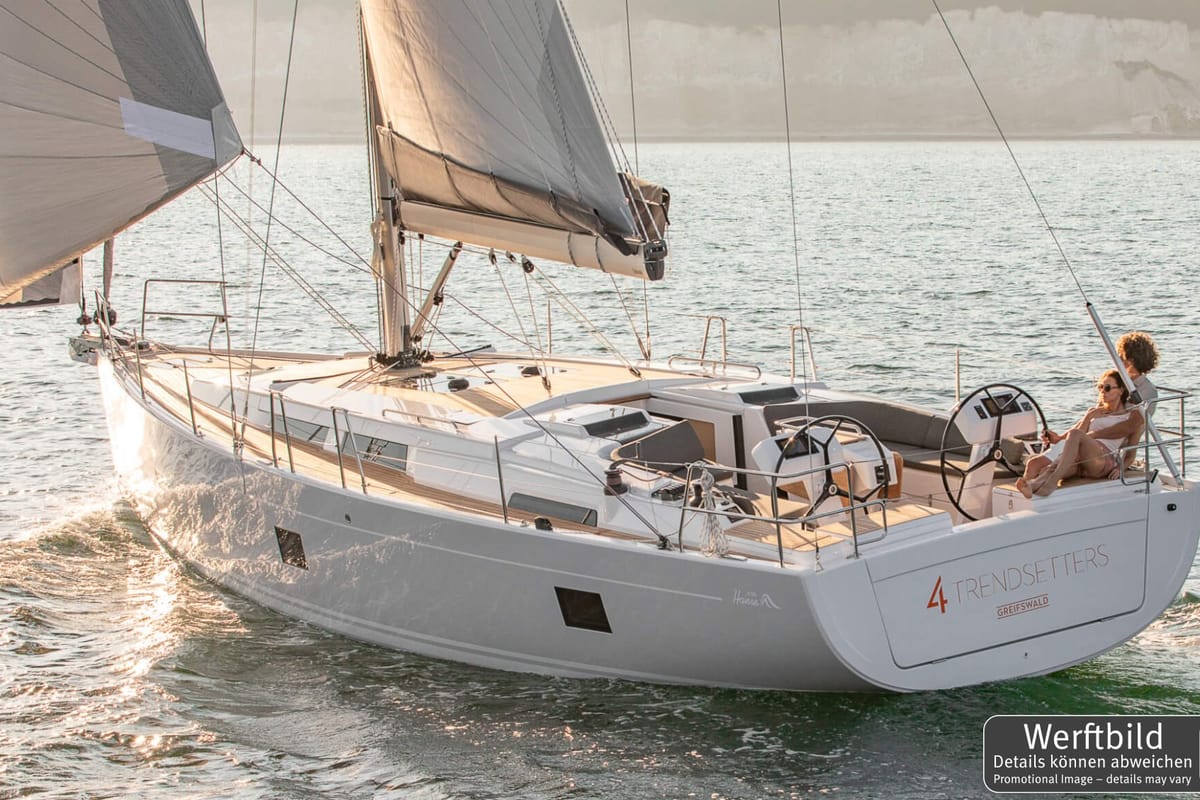 Exterior view of Namaka Elua, a Hanse Yachts Hanse 458 sailboat at Palma de Mallorca, Spain
