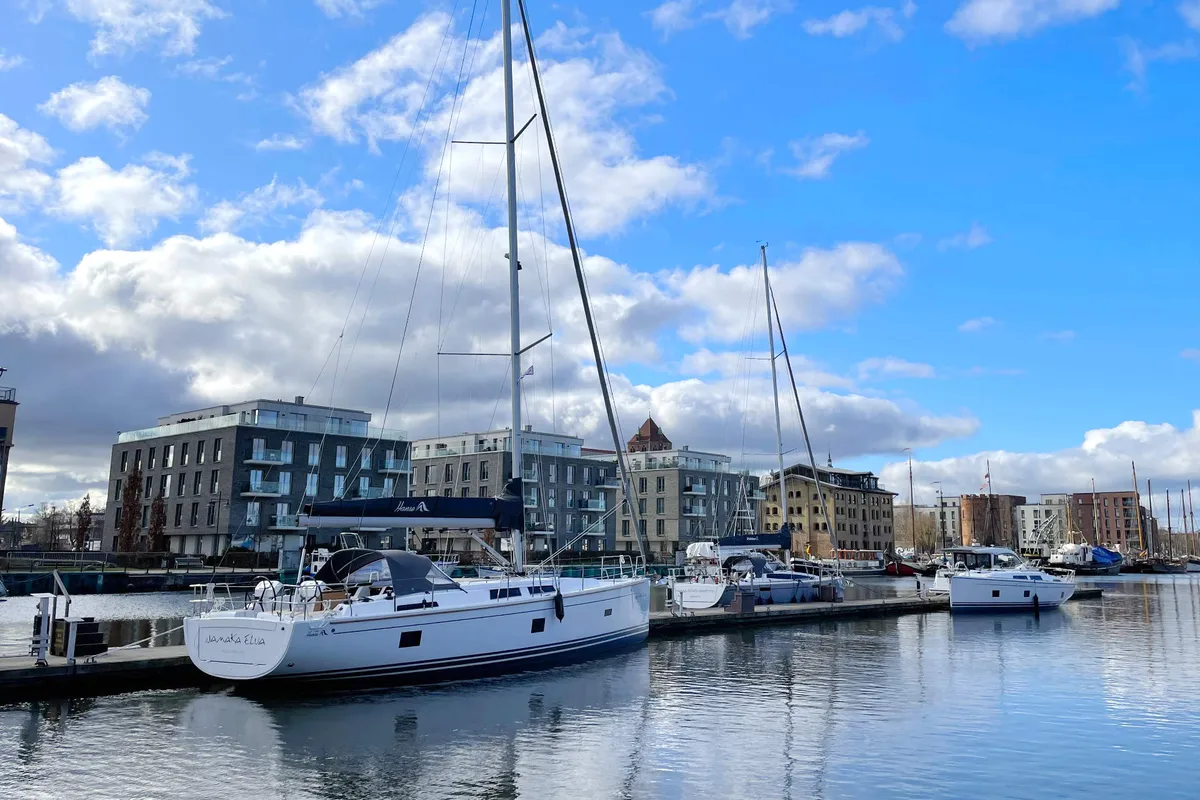 Exterior view of Namaka Elua, a Hanse Yachts Hanse 458 sailboat at Palma de Mallorca, Spain
