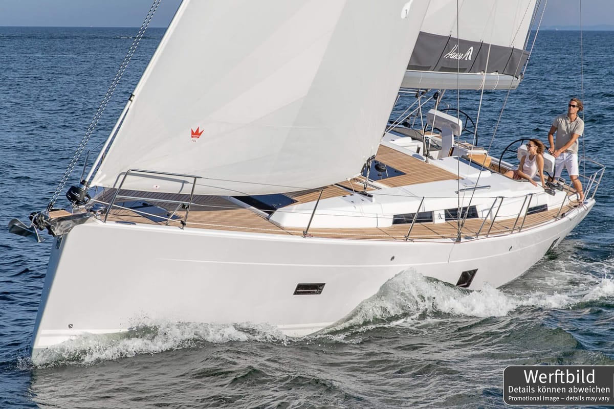 Exterior view of Namaka Elua, a Hanse Yachts Hanse 458 sailboat at Palma de Mallorca, Spain