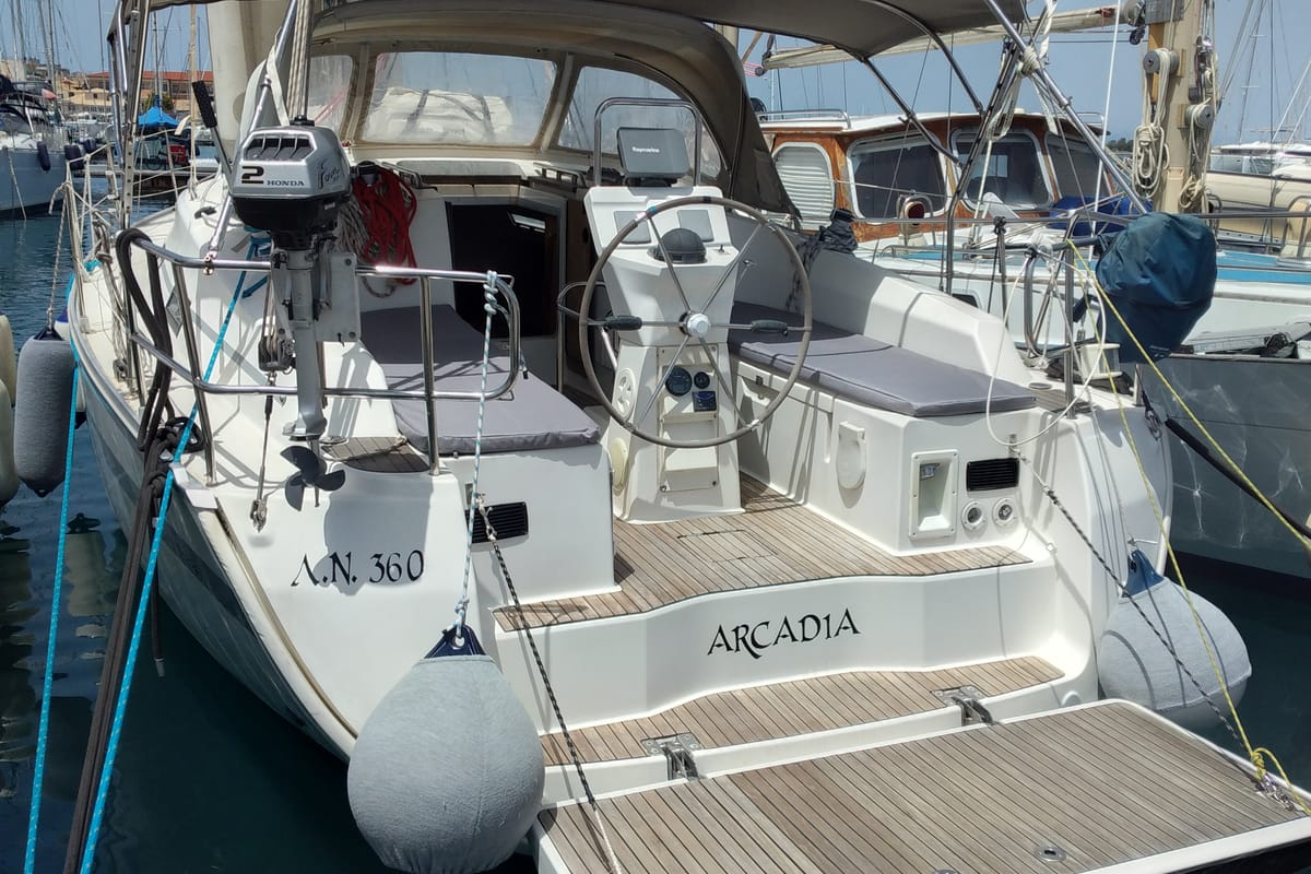 Exterior view of Irene, a Bavaria 36 Cruiser sailboat at Municipal Unit of Palairos, Greece